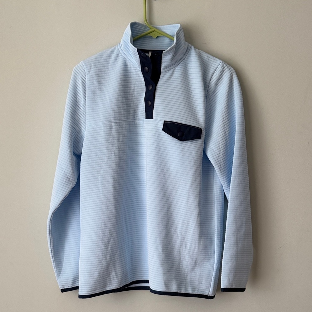 J. Crew Light Blue 1/4 Snap Pullover with Navy Trim
